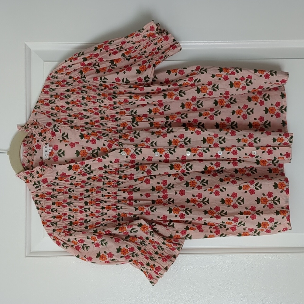 Pink Floral Smocked Short-Sleeve Blouse